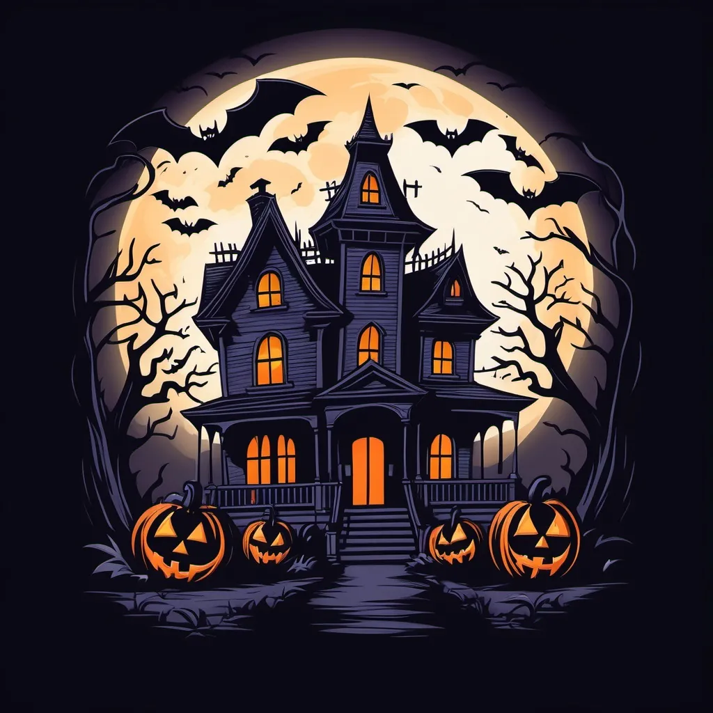 Prompt: Create a Halloween t-shirt design featuring a silhouette of a haunted house in the center, with bats flying around it. There should be a crescent moon in the sky, and glowing eyes peering out from the bushes and windows. Add the text 'Fright Night Awaits' in a bold, eerie, spooky font at the top or bottom. The design should use a dark color palette, focusing on shades of purple, black, and orange. Ensure there are no copyrighted elements (such as characters or logos), keeping it fun and creepy for Halloween enthusiasts." Size of the Design: For TeePublic, the ideal size for a t-shirt design is 4500 x 5400 pixels at 300 DPI. This ensures the design is high-quality and looks great when printed on t-shirts.