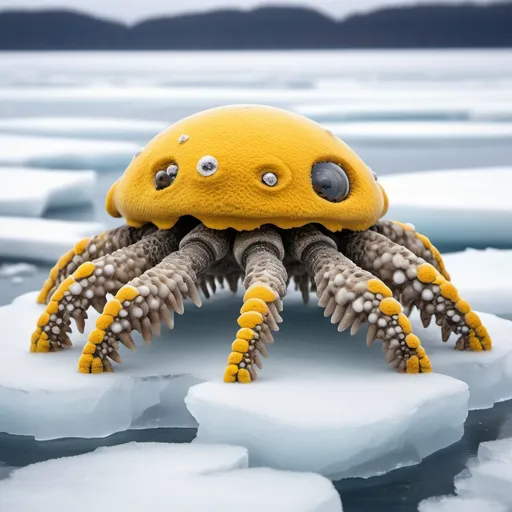 Prompt: "An animal covered in barnacles lying on ice, seen from the rear. The barnacles dominate the back of the animal's body, with a magnifying glass highlighting them. The frozen background with ice chunks is visible, and a yellow arrow points towards the animal."