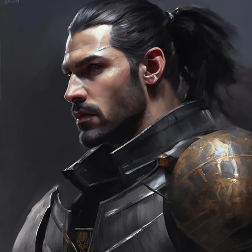 Prompt: realistic painting, knight, young man, black armor, black hair, loose ponytail, halfbody picture, slight stubble, dark armor