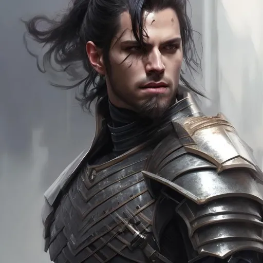 Prompt: realistic painting, knight, young man, black armor, black hair, loose ponytail, halfbody picture, soft stubble