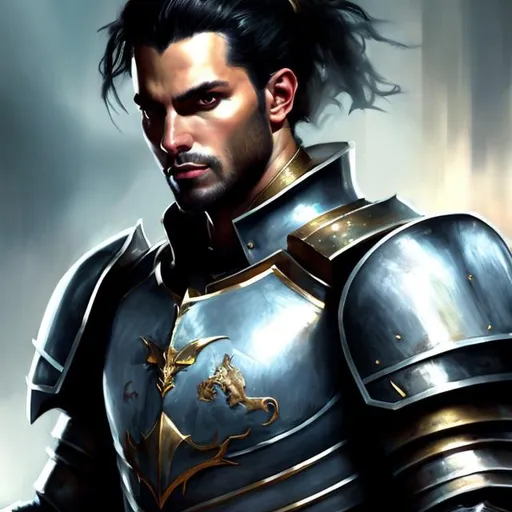 Prompt: realistic painting, knight, young man, black armor, black hair, loose ponytail, halfbody picture, slight stubble, tarnished armor