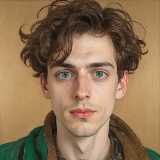 Prompt: portrait of a young man in the style of klimt and egon schiele, chin-length brown hair, short beard, green eyes