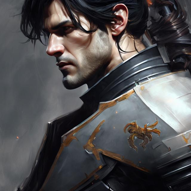 Prompt: realistic painting, knight, young man, black armor, black hair, loose ponytail, halfbody picture, slight stubble, dark armor