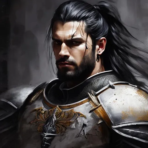 Prompt: realistic painting, knight, young man, black armor, black hair, loose ponytail, halfbody picture, slight stubble, dark armor