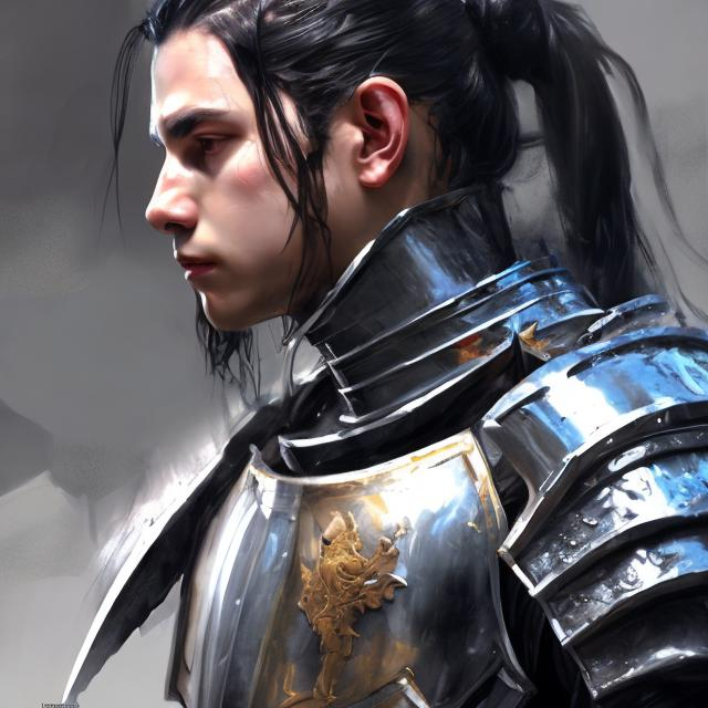 Prompt: realistic painting, knight, young man, black armor, black hair, loose ponytail, halfbody picture, 