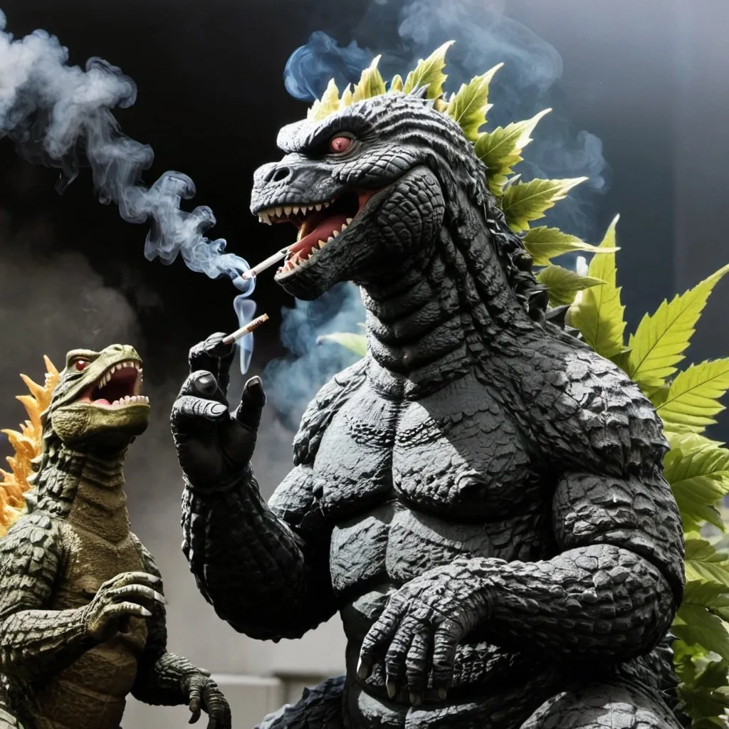 Prompt: Godzilla smoking a blunt with his homies.