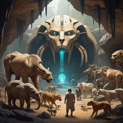 Prompt: cybernetic Zarathustra, lots of animals, cave background