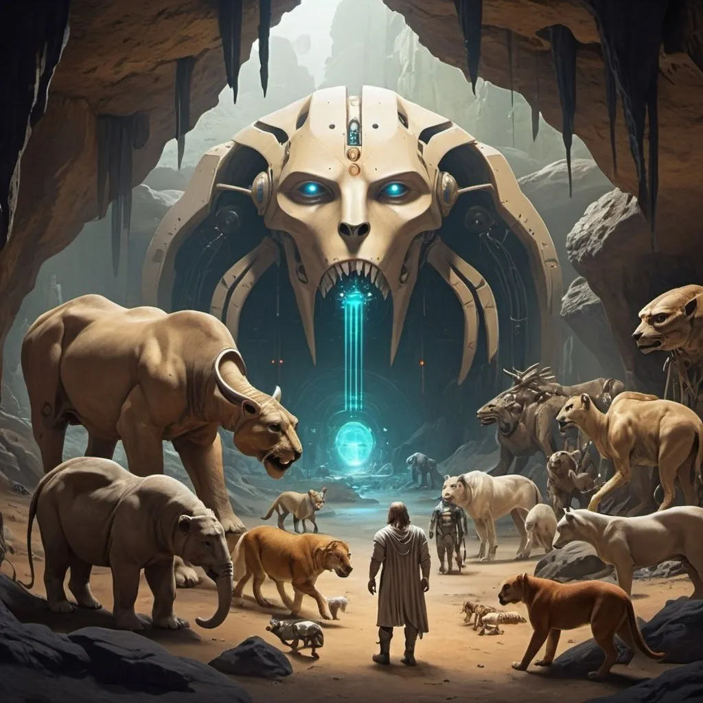 Prompt: cybernetic Zarathustra, lots of animals, cave background