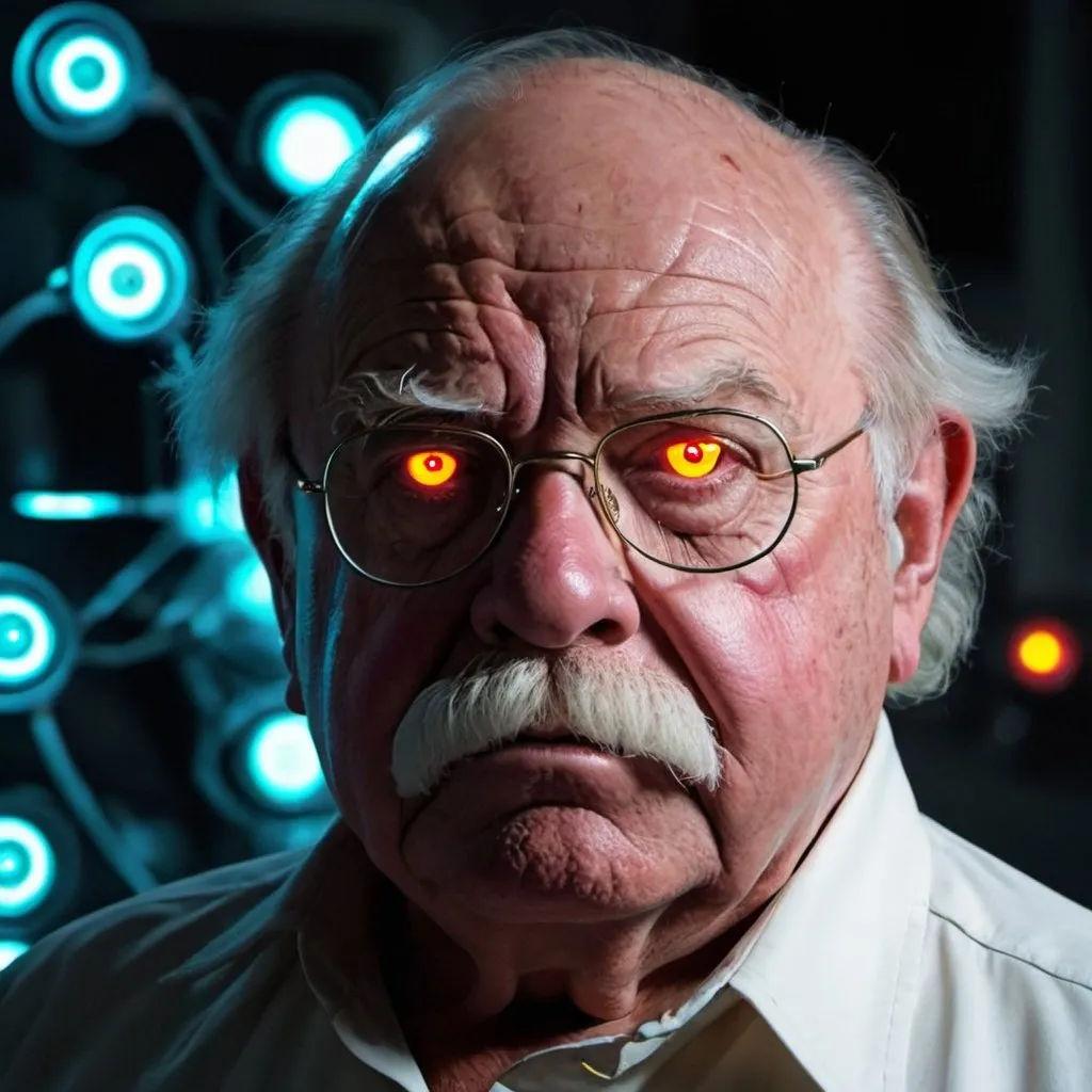 Prompt: Wilford Brimley as a cyborg with glowing eyes and a dystopian future