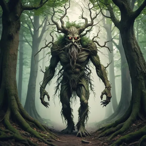 Prompt: tree demon with roots as beard walking through a deep forest