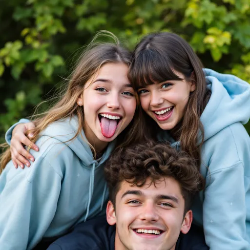 Prompt: In a playful outdoor scene, three individuals are captured closely together with a backdrop of lush greenery. Two young girls, one playfully sticking out her tongue, engage with a young man who is positioned below them, displaying a relaxed and affectionate demeanor. The girl in the foreground9 wears a light blue hoodie adorned with subtle patterns, while the other girl dons a dark outfit. The lighting suggests either early morning or late afternoon, casting a soft glow that highlights their cheerful expressions. The overall atmosphere feels warm and vibrant, as they share a moment of laughter and camaraderie against a serene natural setting.