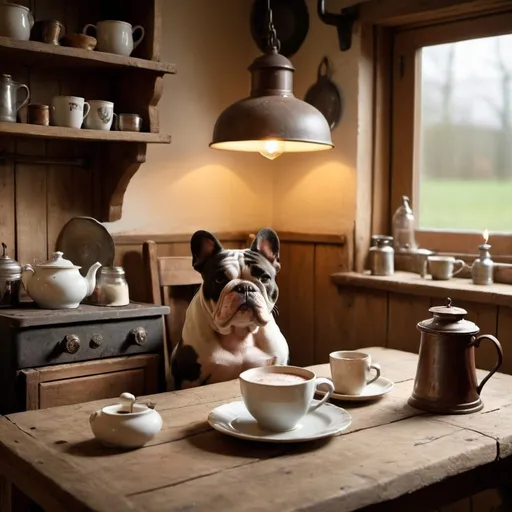 Prompt: Country kitchen, rough wood table, oil lamp on the table. Soft warm light
At the table bull dog seated with a cup of steaming hot chocolate 