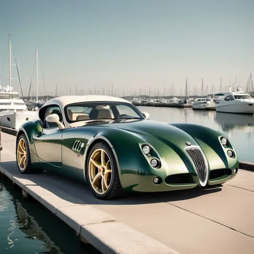 Prompt: a coupe car in the Wiesmann style.  High class high quality, photo realistic, color two tone metallic dark green and cream.  car in front of pier with yachts