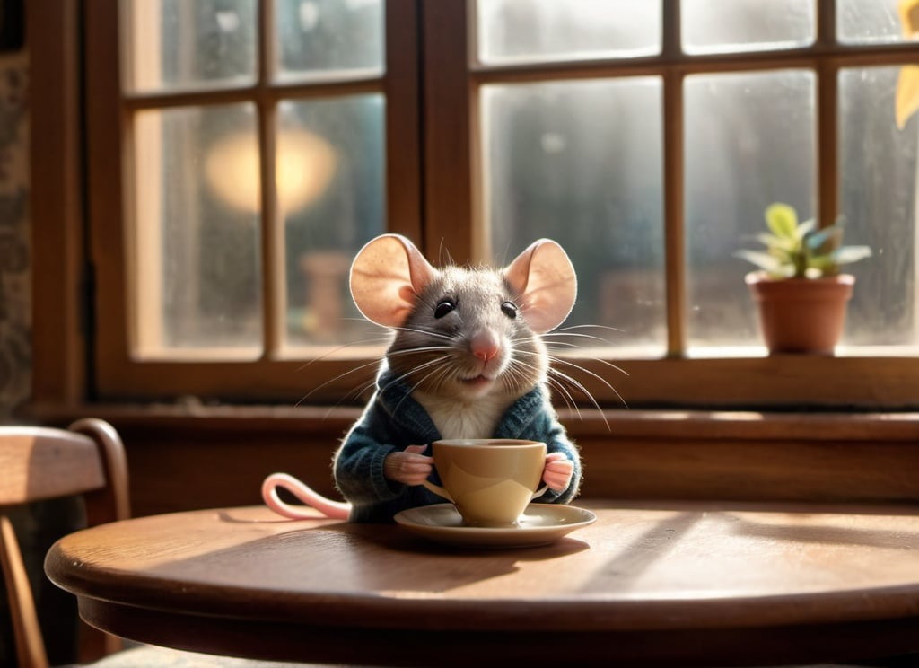 Prompt: Mouse is sitting in his mouse manor at the table holding his cup of coffee.  Morning light coming through window.