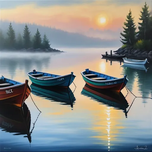 Prompt: Acrylic painting of a few small fishing boats anchored in a bay. Their images reflecting in the water. The fog is thick.  The year is 1820 in Europe.  Impressionistic painting