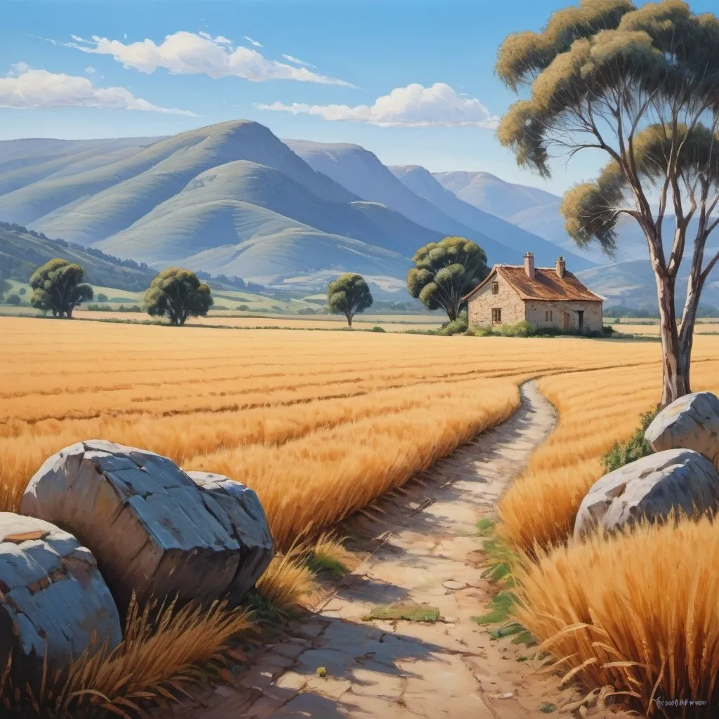 Prompt: acrylic landscape painting with brush. near realistic.  clear blue sky, distant mountain, wheat field in middle ground, foreground stone cottage and eucalyptus trees to one side.  