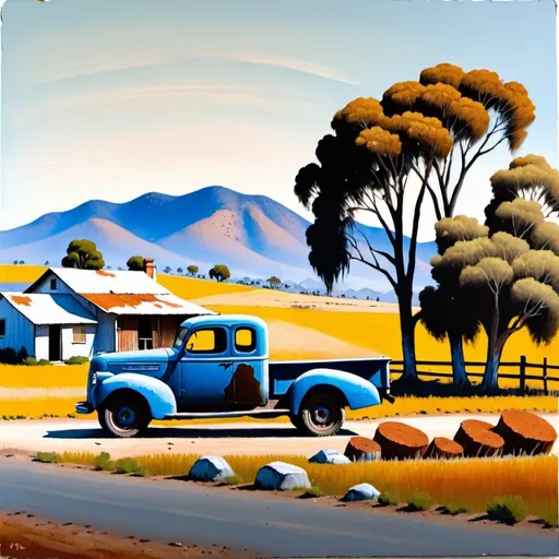 Prompt: A painting of a landscape with mountains in the distance.  In the middle field is clump of eucalyptus trees. In the fore ground is a farm cottage with a veranda. The cottage has a weathered look. An old 40's pickup is parked to the side of the house.  The paint on the pickup up is bleached with age. Rust patches is starting to show. The sky is a clear blue