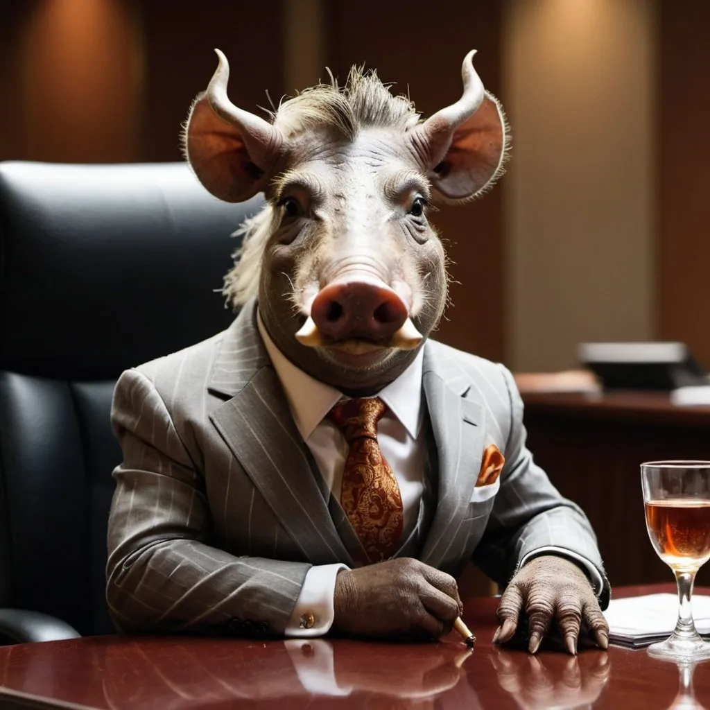 Prompt: A warthog sitting at a conference table, dressed in a fancy suit. He has a cigar in his mouth and looks very pleased with himself