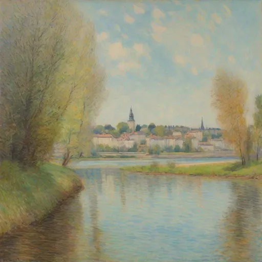 Prompt: Painting, impressionism, alfred sisley style of a river with old 1700's city on the horizon on the opposite bank. On the near side some trees. Colors soft subdued. 