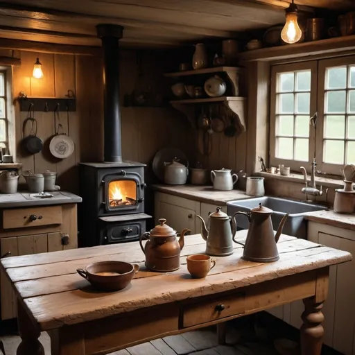 Prompt: A picture of a rustig kitchen in a cottage.  There is a kettle on the wood stove. On the rough wooden table is an oil lamp casting as soft glo. 