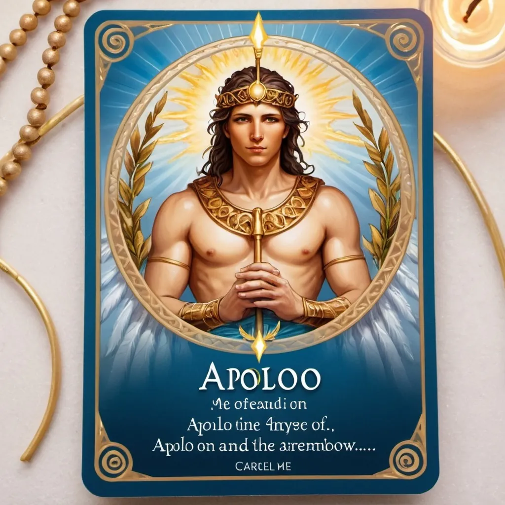 Prompt: create me an oracle card for each of the following using the information below. 
Guidance: God: Apollo (male). symbolism: Lyre, laurel wreath, bow and arrow, sun rays. Colours: Gold, white, light blue. Element: Fire.

