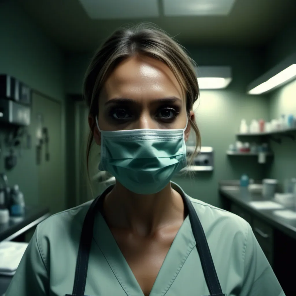 Prompt: POV: (Jessica Alba) looking down, (black medical gloves), (surgical mask), (holding dental drill),black scrubs, ominous asylum basement, (dental full body), dressed in an latex apron, high tension atmosphere, muted colors, eerie lighting emphasizing shadows, intense and unsettling mood, highly detailed, cinematic composition, (4K UHD).up close surgical lights 