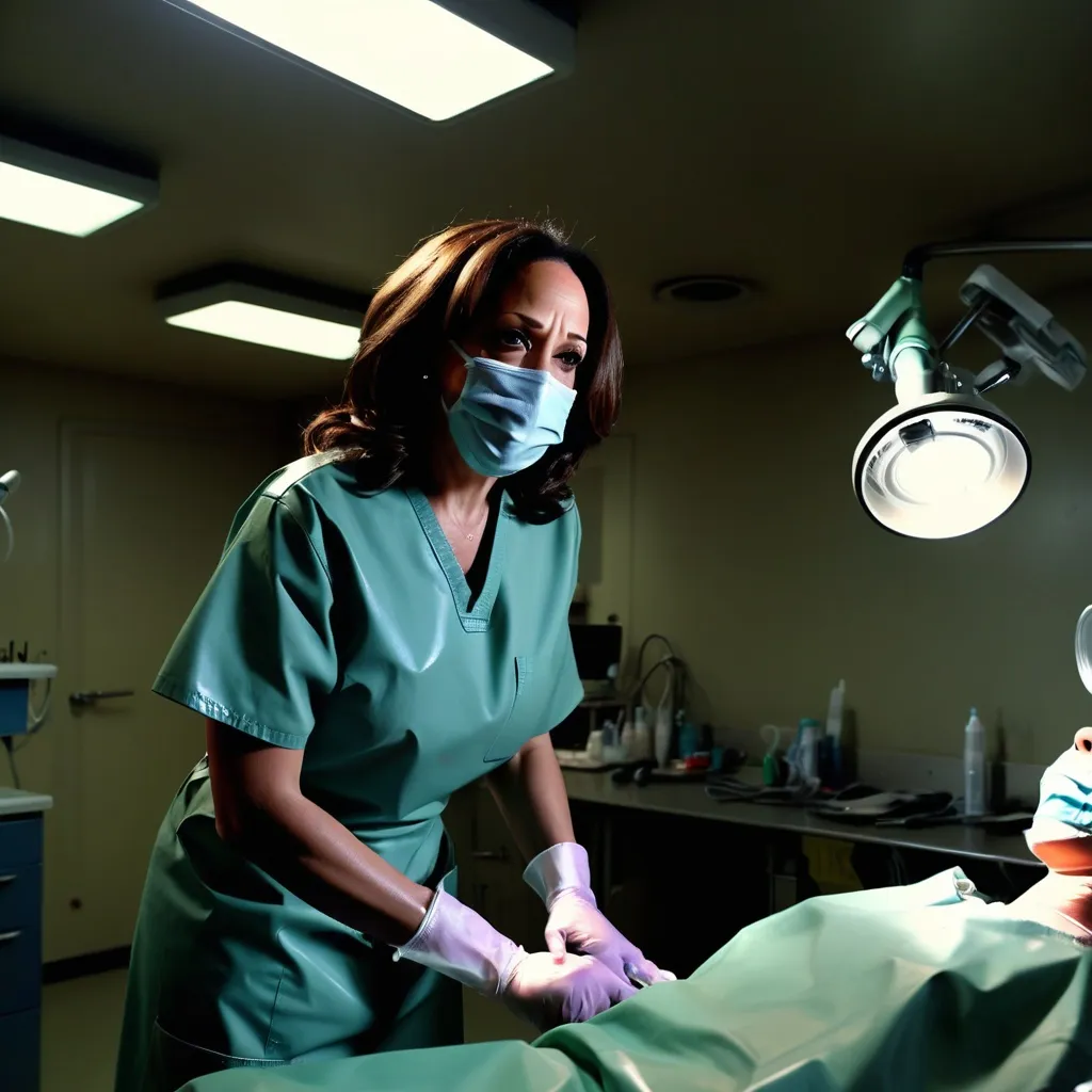 Prompt: POV: (evil dentist Kamala Harris) looking down, (menacing expression), wearing (medical gloves, surgical mask) and (camo scrubs, latex apron), intense atmosphere, inside (military base basement), operating on patient with (dental drill), medium shot, background elements include operating lights and dental equipment, eerie lighting, dramatic shadows, (4K UHD), high detail, grim ambiance. In a butcher shop