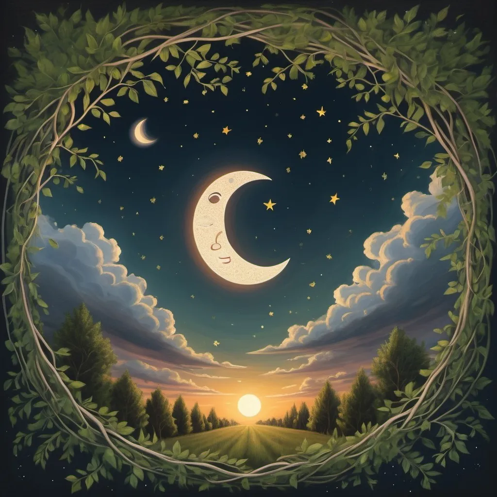 Prompt: sun goes up and down, and the moon makes a figure eight and the clouds settle, the stars smile and the wind breeze rustles through the leaves of the trees