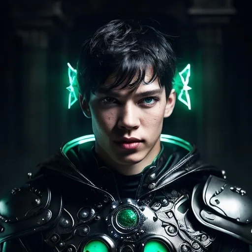 Prompt: a young man with disheveled dark hair, with a modern twist. Emerald green eyes, intense, His expression is one of courage, but reflects an internal conflict. Projecting a strong image but also the fear of not meeting expectations. He wears a red and gold cloak adorned with intricate magical symbols, reflecting his connection to arcane powers. He wears a bracelet on his right arm, to control elemental energy. Her outfit is a mix between the old and the futuristic, with metallic details and shiny decorative elements reminiscent of fantasy armor, but with a modern twist. Above his chest and around his cloak, glowing blue runes can be seen that appear to be activated by his power. Beside it, a floating mystical orb glows with symbols and energy, which seems to be the source of its power. 
tech heavy armor, metall gear style, lightning effects
 film photography, film grain, hyperrealist film photography, film grain, fantastical, intricate detail, detailed, cinematic, detailed symmetric circular iris, ultra-detailed face, extremely detailed, perfect detailed face, full body, perfect detailed face, detailed symmetric circular iris, realistic, stunning realistic photograph, 3d render, octane render,