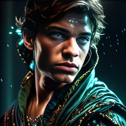 Prompt: A young man with disheveled dark hair, with a modern twist. Emerald green eyes, intense, His expression is one of courage, but reflects an internal conflict. Projecting a strong image but also the fear of not meeting expectations. He wears a red and gold cloak adorned with intricate magical symbols, reflecting his connection to arcane powers. He wears a bracelet on his right arm, to control elemental energy. Her outfit is a mix between the old and the futuristic, with metallic details and shiny decorative elements reminiscent of fantasy armor, but with a modern twist. Above his chest and around his cloak, glowing blue runes can be seen that appear to be activated by his power. Beside it, a floating mystical orb glows with symbols and energy, which seems to be the source of its power. tech heavy armor, metal gear style, lightning effects film photography, film grain, hyperrealist film photography, film grain, fantastical, intricate detail, detailed, cinematic, detailed symmetric circular iris, ultra-detailed f