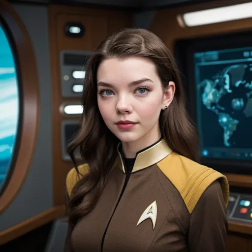 Prompt: 21 year old, Star Trek uniform, Anya Taylor-Joy, harness:1.4, [Vietnamese, fair skin, brown hair] 1 girl, full lips, skinny, bridge command centre of ship, instagram pose, smilling, raw photo, sharp focus on eyes, film grain, magazine cover, high quality, clothing details, fine fabric, full body, art student, (official art, extremely detailed CG unity 8k wallpaper), beautifully detailed eyes, detailed fine nose, detailed fingers, (8k), (best quality), ( masterpiece:1.2), (realistic), ( photorealistic:1.57), extremely detailed handsome gentlebeing ,vintage hair, couture, magazine cover, textless, high quality, clothing details, fine fabric, full body, 8k, cinematic lighting (high detailed skin:1.1) ,Enhance,Miss Grand International,Golden Inspiration