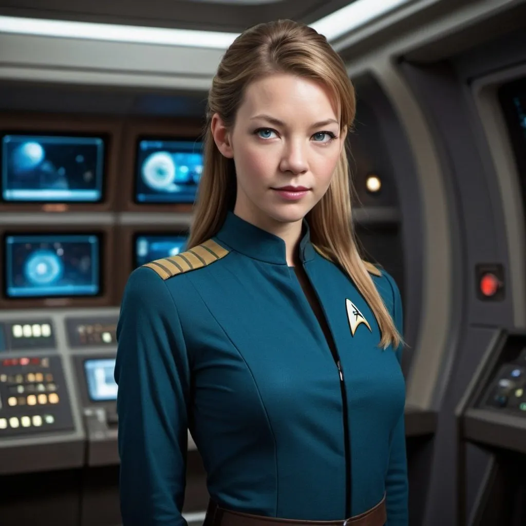 Prompt: 19 year old, Star Trek Uniform, Anna Torv, harness:1.4, [Vietnamese, dark skin, brown hair] 1 girl, full lips, skinny, Bridge Command Center Background, instagram pose, smilling, raw photo, sharp focus on eyes, film grain, magazine cover, high quality, clothing details, fine fabric, full body, art student, (official art, extremely detailed CG unity 8k wallpaper), beautifully detailed eyes, detailed fine nose, detailed fingers, (8k), (best quality), ( masterpiece:1.2), (realistic), ( photorealistic:1.57), extremely detailed handsome gentlebeing,short hair, vintage hair, couture, magazine cover, textless, high quality, clothing details, fine fabric, full body, 8k, cinematic lighting (high detailed skin:1.1) ,Enhance,Golden Inspiration