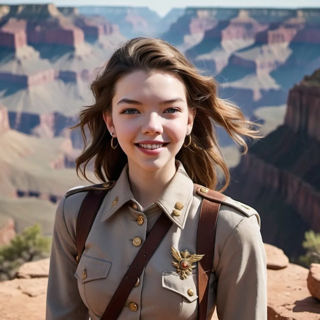 Prompt: 21 year old, Confederates uniform, Anya Taylor-Joy, harness:1.4, [Vietnamese, fair skin, brown hair] 1 girl, full lips, skinny, Grand Canyon background, instagram pose, laughing, raw photo, sharp focus on eyes, film grain, magazine cover, laughing, high quality, clothing details, fine fabric, full body, art student, (official art, extremely detailed CG unity 8k wallpaper), beautifully detailed eyes, detailed fine nose, detailed fingers, (8k), (best quality), ( masterpiece:1.2), (realistic), ( photorealistic:1.57), extremely detailed handsome gentlebeing,ponytail,vintage hair, couture, magazine cover, textless, high quality, clothing details, fine fabric, full body, 8k, cinematic lighting (high detailed skin:1.1) ,Enhance,Miss Grand International,Golden Inspiration