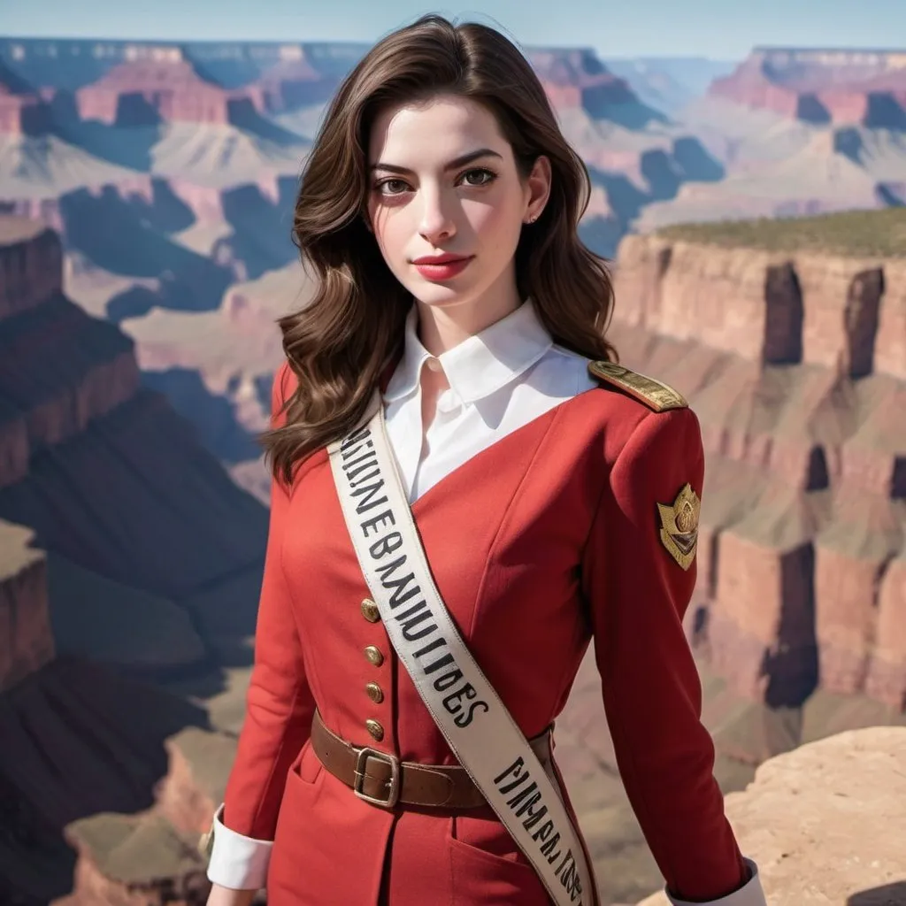 Prompt: 30 year old, Red Coats Uniform, Anne Hathaway, harness:1.4, [Vietnamese, fair skin, brown hair] 1 girl, full lips, skinny, Grand Canyon Background, instagram pose, smilling, raw photo, sharp focus on eyes, film grain, magazine cover, high quality, clothing details, fine fabric, full body, art student, (official art, extremely detailed CG unity 8k wallpaper), beautifully detailed eyes, detailed fine nose, detailed fingers, (8k), (best quality), ( masterpiece:1.2), (realistic), ( photorealistic:1.57), extremely detailed handsome gentlebeing,short hair, vintage hair, couture, magazine cover, textless, high quality, clothing details, fine fabric, full body, 8k, cinematic lighting (high detailed skin:1.1) ,Enhance,Miss Grand International,Golden Inspiration