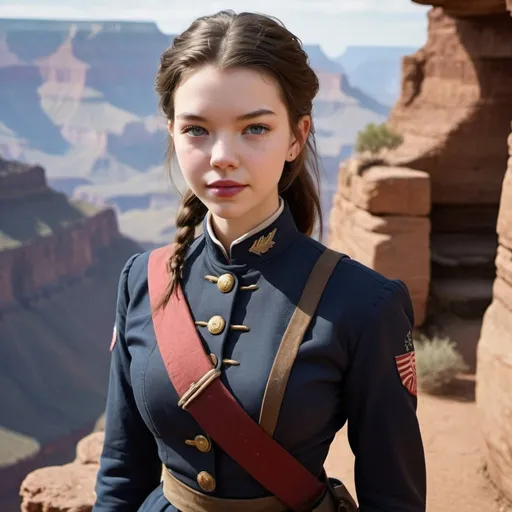 Prompt: 21 year old, american civil war union uniform, Anya Taylor-Joy, harness:1.4, [Vietnamese, fair skin, brown hair] 1 girl, full lips, skinny, Grand Canyon background, instagram pose, smilling, raw photo, sharp focus on eyes, film grain, magazine cover, high quality, pony tail, clothing details, fine fabric, full body, art student, (official art, extremely detailed CG unity 8k wallpaper), beautifully detailed eyes, detailed fine nose, detailed fingers, (8k), (best quality), ( masterpiece:1.2), (realistic), ( photorealistic:1.57), extremely detailed handsome gentlebeing,ponytail,vintage hair, couture, magazine cover, textless, high quality, clothing details, fine fabric, full body, 8k, cinematic lighting (high detailed skin:1.1) ,Enhance,Miss Grand International,Golden Inspiration