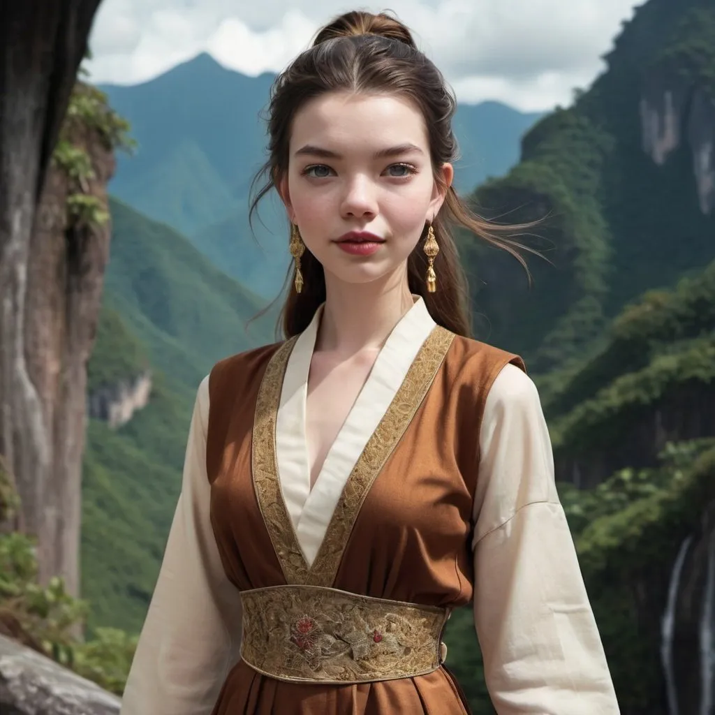 Prompt: 21 year old, tibetan dress female, Anya Taylor-Joy, harness:1.4, [Vietnamese, fair skin, brown hair] 1 girl, full lips, skinny, Mount Kinabalu Background, instagram pose, smilling, raw photo, sharp focus on eyes, film grain, magazine cover, high quality, clothing details, fine fabric, full body, art student, (official art, extremely detailed CG unity 8k wallpaper), beautifully detailed eyes, detailed fine nose, detailed fingers, (8k), (best quality), ( masterpiece:1.2), (realistic), ( photorealistic:1.57), extremely detailed handsome gentlebeing,ponytail,vintage hair, couture, magazine cover, textless, high quality, clothing details, fine fabric, full body, 8k, cinematic lighting (high detailed skin:1.1) ,Enhance,Miss Grand International,Golden Inspiration