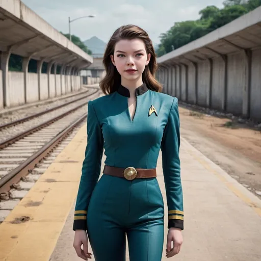 Prompt: 21 year old, Star Trek uniform, Anya Taylor-Joy, harness:1.4, [Vietnamese, fair skin, brown hair] 1 girl, full lips, skinny, abandoned highway, instagram pose, smilling, raw photo, sharp focus on eyes, film grain, magazine cover, laughing, high quality, clothing details, fine fabric, full body, art student, (official art, extremely detailed CG unity 8k wallpaper), beautifully detailed eyes, detailed fine nose, detailed fingers, (8k), (best quality), ( masterpiece:1.2), (realistic), ( photorealistic:1.57), extremely detailed handsome gentlebeing ,vintage hair, couture, magazine cover, textless, high quality, clothing details, fine fabric, full body, 8k, cinematic lighting (high detailed skin:1.1) ,Enhance,Miss Grand International,Golden Inspiration