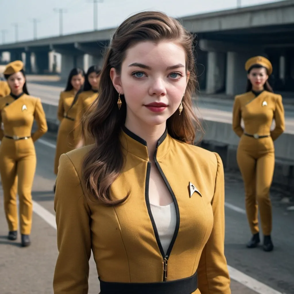 Prompt: 21 year old, Star Trek uniform, Anya Taylor-Joy, harness:1.4, [Vietnamese, fair skin, brown hair] 1 girl, full lips, skinny, abandoned highway, instagram pose, smilling, raw photo, sharp focus on eyes, film grain, magazine cover, laughing, high quality, clothing details, fine fabric, full body, art student, (official art, extremely detailed CG unity 8k wallpaper), beautifully detailed eyes, detailed fine nose, detailed fingers, (8k), (best quality), ( masterpiece:1.2), (realistic), ( photorealistic:1.57), extremely detailed handsome gentlebeing ,vintage hair, couture, magazine cover, textless, high quality, clothing details, fine fabric, full body, 8k, cinematic lighting (high detailed skin:1.1) ,Enhance,Miss Grand International,Golden Inspiration