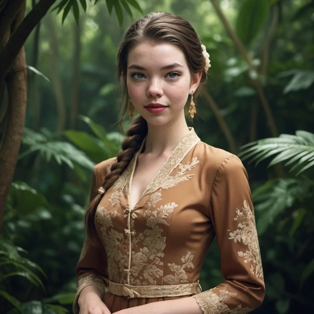 Prompt: 21 year old, kebaya dress, Anya Taylor-Joy, harness:1.4, [Vietnamese, fair skin, brown hair] 1 girl, full lips, skinny, Rain Forest Background, instagram pose, smilling, raw photo, sharp focus on eyes, film grain, magazine cover, high quality, pony tail, clothing details, fine fabric, full body, art student, (official art, extremely detailed CG unity 8k wallpaper), beautifully detailed eyes, detailed fine nose, detailed fingers, (8k), (best quality), ( masterpiece:1.2), (realistic), ( photorealistic:1.57), extremely detailed handsome gentlebeing,ponytail,vintage hair, couture, magazine cover, textless, high quality, clothing details, fine fabric, full body, 8k, cinematic lighting (high detailed skin:1.1) ,Enhance,Miss Grand International,Golden Inspiration