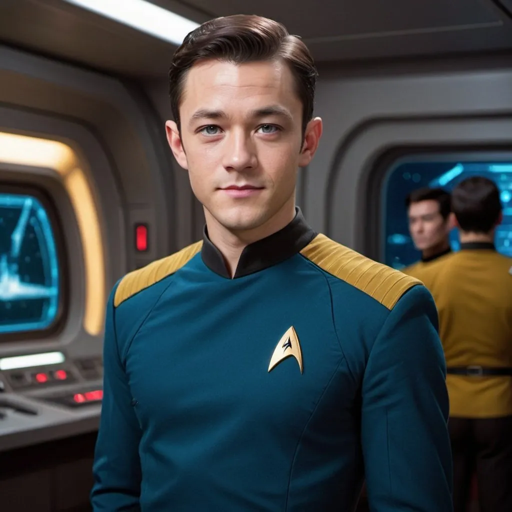 Prompt: 19 year old, Star Trek Uniform, Joseph Gordon-Levitt, Star Trek Vulcan,harness:1.4, [Vietnamese, dark skin, brown hair], full lips, skinny, Bridge Command Center Background, instagram pose, smilling, raw photo, sharp focus on eyes, film grain, magazine cover, high quality, clothing details, fine fabric, full body, art student, (official art, extremely detailed CG unity 8k wallpaper), beautifully detailed eyes, detailed fine nose, detailed fingers, (8k), (best quality), ( masterpiece:1.2), (realistic), ( photorealistic:1.57), extremely detailed handsome gentlebeing,long hair, vintage hair, couture, magazine cover, textless, high quality, clothing details, fine fabric, full body, 8k, cinematic lighting (high detailed skin:1.1) ,Enhance,Golden Inspiration