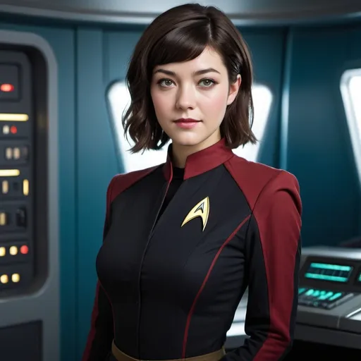Prompt: 25 year old, Star Trek Uniform, Mary Elizabeth Winstead, harness:1.4, [Vietnamese, dark skin, brown hair] 1 girl, full lips, skinny, Bridge Command Center Background, instagram pose, smiling, raw photo, sharp focus on eyes, film grain, magazine cover, high quality, clothing details, fine fabric, full body, art student, (official art, extremely detailed CG unity 8k wallpaper), beautifully detailed eyes, detailed fine nose, detailed fingers, (8k), (best quality), ( masterpiece:1.2), (realistic), ( photorealistic:1.57), extremely detailed handsome gentle being, vintage hair, couture, magazine cover, textless, high quality, clothing details, fine fabric, full body, 8k, cinematic lighting (high detailed skin:1.1) ,Enhance,Golden Inspiration