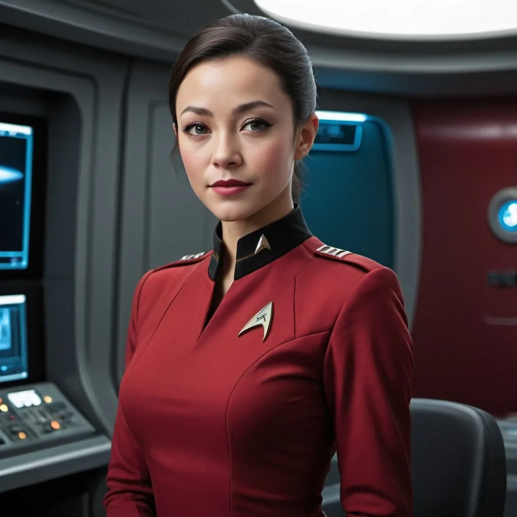 Prompt: 30 year old, Star Trek Red Uniform, Joseph Gordon-Levitt, harness:1.4, [Vietnamese, dark skin, brown hair] 1 girl, full lips, skinny, Bridge Command Center Background, instagram pose, smilling, raw photo, sharp focus on eyes, film grain, magazine cover, high quality, clothing details, fine fabric, full body, art student, (official art, extremely detailed CG unity 8k wallpaper), beautifully detailed eyes, detailed fine nose, detailed fingers, (8k), (best quality), ( masterpiece:1.2), (realistic), ( photorealistic:1.57), extremely detailed handsome gentlebeing,short hair, vintage hair, couture, magazine cover, textless, high quality, clothing details, fine fabric, full body, 8k, cinematic lighting (high detailed skin:1.1) ,Enhance,Miss Grand International,Golden Inspiration