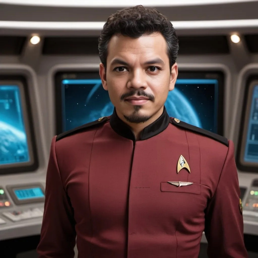 Prompt: 30 year old, Star Trek Uniform, Luis Guzmán, harness:1.4, [Vietnamese, dark skin, brown hair] 1 boy, full lips, skinny, Bridge Command Center Background, instagram pose, smiling, raw photo, sharp focus on eyes, film grain, magazine cover, high quality, clothing details, fine fabric, full body, art student, (official art, extremely detailed CG unity 8k wallpaper), beautifully detailed eyes, detailed fine nose, detailed fingers, (8k), (best quality), ( masterpiece:1.2), (realistic), ( photorealistic:1.57), extremely detailed handsome gentlebeing,short hair, vintage hair, couture, magazine cover, textless, high quality, clothing details, fine fabric, full body, 8k, cinematic lighting (high detailed skin:1.1) ,Enhance,Golden Inspiration