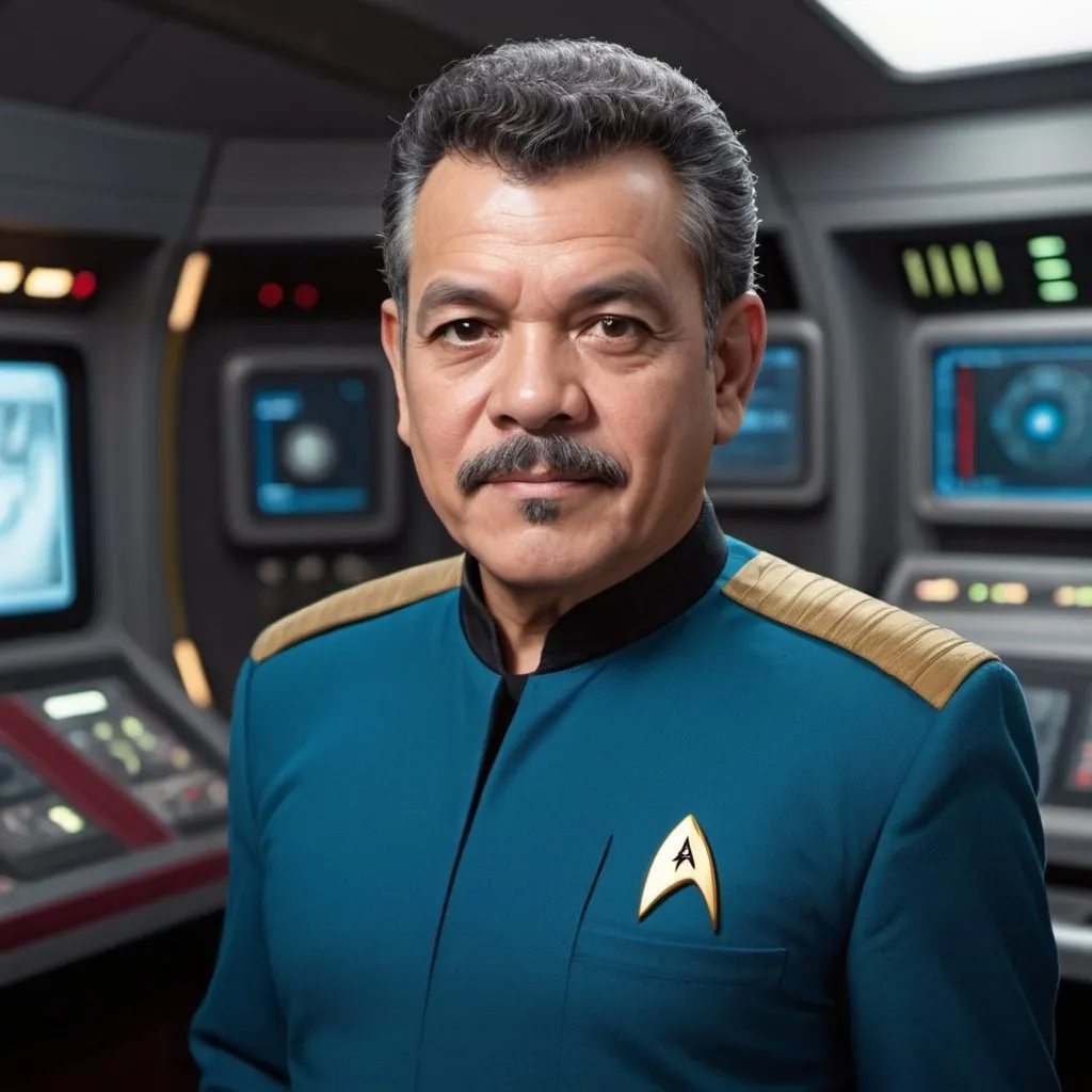 Prompt: 60 year old, Star Trek Uniform, Luis Guzmán, harness:1.4, [Vietnamese, dark skin, brown hair] 1 boy, full lips, skinny, Bridge Command Center Background, instagram pose, smiling, raw photo, sharp focus on eyes, film grain, magazine cover, high quality, clothing details, fine fabric, full body, art student, (official art, extremely detailed CG unity 8k wallpaper), beautifully detailed eyes, detailed fine nose, detailed fingers, (8k), (best quality), ( masterpiece:1.2), (realistic), ( photorealistic:1.57), extremely detailed handsome gentlebeing,short hair, vintage hair, couture, magazine cover, textless, high quality, clothing details, fine fabric, full body, 8k, cinematic lighting (high detailed skin:1.1) ,Enhance,Golden Inspiration