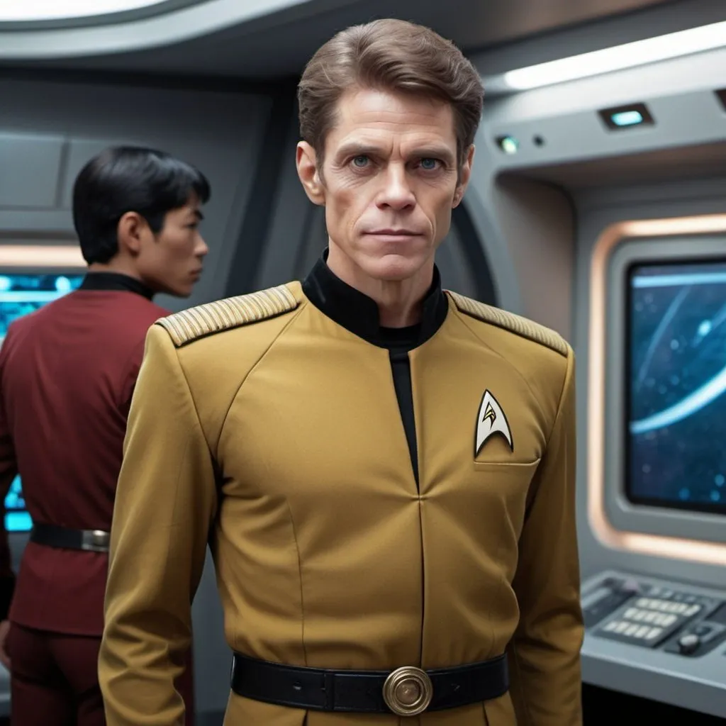 Prompt: 25 year old, Star Trek Uniform, William Dafoe, harness:1.4, [Vietnamese, dark skin, brown hair] 1 boy, full lips, skinny, Bridge Command Center Background, instagram pose, smiling, raw photo, sharp focus on eyes, film grain, magazine cover, high quality, clothing details, fine fabric, full body, art student, (official art, extremely detailed CG unity 8k wallpaper), beautifully detailed eyes, detailed fine nose, detailed fingers, (8k), (best quality), ( masterpiece:1.2), (realistic), ( photorealistic:1.57), extremely detailed handsome gentlebeing,short hair, vintage hair, couture, magazine cover, textless, high quality, clothing details, fine fabric, full body, 8k, cinematic lighting (high detailed skin:1.1) ,Enhance,Golden Inspiration