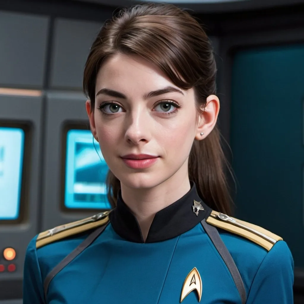 Prompt: 21 year old, Star Trek Blue Uniform, Anne Hathaway, harness:1.4, [Vietnamese, fair skin, brown hair] 1 girl, full lips, skinny, Bridge Command Center Background, instagram pose, smilling, ponytail, raw photo, sharp focus on eyes, film grain, magazine cover, high quality, clothing details, fine fabric, full body, art student, (official art, extremely detailed CG unity 8k wallpaper), beautifully detailed eyes, detailed fine nose, detailed fingers, (8k), (best quality), ( masterpiece:1.2), (realistic), ( photorealistic:1.57), extremely detailed handsome gentlebeing,ponytail,vintage hair, couture, magazine cover, textless, high quality, clothing details, fine fabric, full body, 8k, cinematic lighting (high detailed skin:1.1) ,Enhance,Miss Grand International,Golden Inspiration