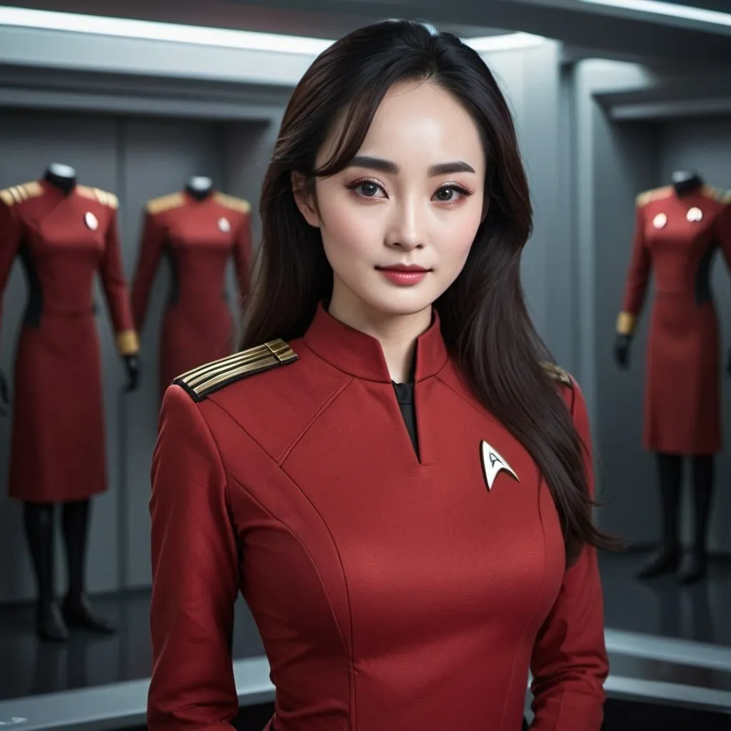 Prompt: 40 year old, Star Trek Red Uniform, Yang Mi, Star Trek Vulcan,harness:1.4, [Vietnamese, dark skin, brown hair], full lips, skinny, Bridge Command Center Background, instagram pose, smilling, raw photo, sharp focus on eyes, film grain, magazine cover, high quality, clothing details, fine fabric, full body, art student, (official art, extremely detailed CG unity 8k wallpaper), beautifully detailed eyes, detailed fine nose, detailed fingers, (8k), (best quality), ( masterpiece:1.2), (realistic), ( photorealistic:1.57), extremely detailed handsome gentlebeing,long hair, vintage hair, couture, magazine cover, textless, high quality, clothing details, fine fabric, full body, 8k, cinematic lighting (high detailed skin:1.1) ,Enhance,Golden Inspiration