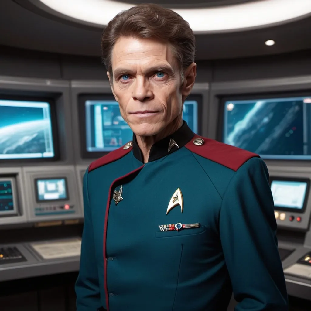 Prompt: 60 year old, Star Trek Uniform, William Dafoe, harness:1.4, [Vietnamese, dark skin, brown hair] 1 boy, full lips, skinny, Bridge Command Center Background, instagram pose, smiling, raw photo, sharp focus on eyes, film grain, magazine cover, high quality, clothing details, fine fabric, full body, art student, (official art, extremely detailed CG unity 8k wallpaper), beautifully detailed eyes, detailed fine nose, detailed fingers, (8k), (best quality), ( masterpiece:1.2), (realistic), ( photorealistic:1.57), extremely detailed handsome gentlebeing,short hair, vintage hair, couture, magazine cover, textless, high quality, clothing details, fine fabric, full body, 8k, cinematic lighting (high detailed skin:1.1) ,Enhance,Golden Inspiration