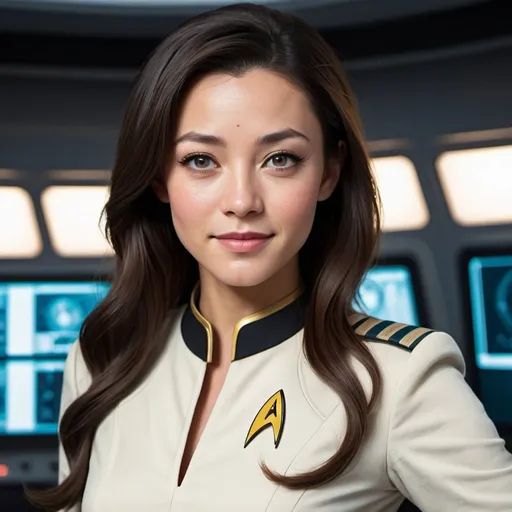 Prompt: 30 year old, Star Trek White Uniform, Joseph Gordon-Levitt, harness:1.4, [Vietnamese, dark skin, brown hair] 1 girl, full lips, skinny, Bridge Command Center Background, instagram pose, smilling, raw photo, sharp focus on eyes, film grain, magazine cover, high quality, clothing details, fine fabric, full body, art student, (official art, extremely detailed CG unity 8k wallpaper), beautifully detailed eyes, detailed fine nose, detailed fingers, (8k), (best quality), ( masterpiece:1.2), (realistic), ( photorealistic:1.57), extremely detailed handsome gentlebeing,long hair, vintage hair, couture, magazine cover, textless, high quality, clothing details, fine fabric, full body, 8k, cinematic lighting (high detailed skin:1.1) ,Enhance,Miss Grand International,Golden Inspiration