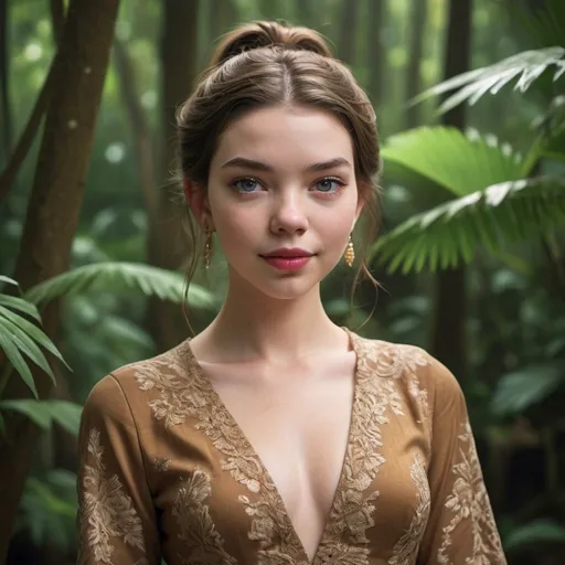 Prompt: 21 year old, kebaya dress, Anya Taylor-Joy, harness:1.4, [Vietnamese, fair skin, brown hair] 1 girl, full lips, skinny, Rain Forest Background, instagram pose, smilling, raw photo, sharp focus on eyes, film grain, magazine cover, high quality, pony tail, clothing details, fine fabric, full body, art student, (official art, extremely detailed CG unity 8k wallpaper), beautifully detailed eyes, detailed fine nose, detailed fingers, (8k), (best quality), ( masterpiece:1.2), (realistic), ( photorealistic:1.57), extremely detailed handsome gentlebeing,ponytail,vintage hair, couture, magazine cover, textless, high quality, clothing details, fine fabric, full body, 8k, cinematic lighting (high detailed skin:1.1) ,Enhance,Miss Grand International,Golden Inspiration